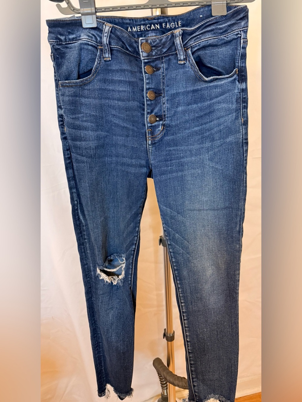 American Eagle Outfitters HighRise ButtonFly Ripped Skinny Jeans Dark Blue